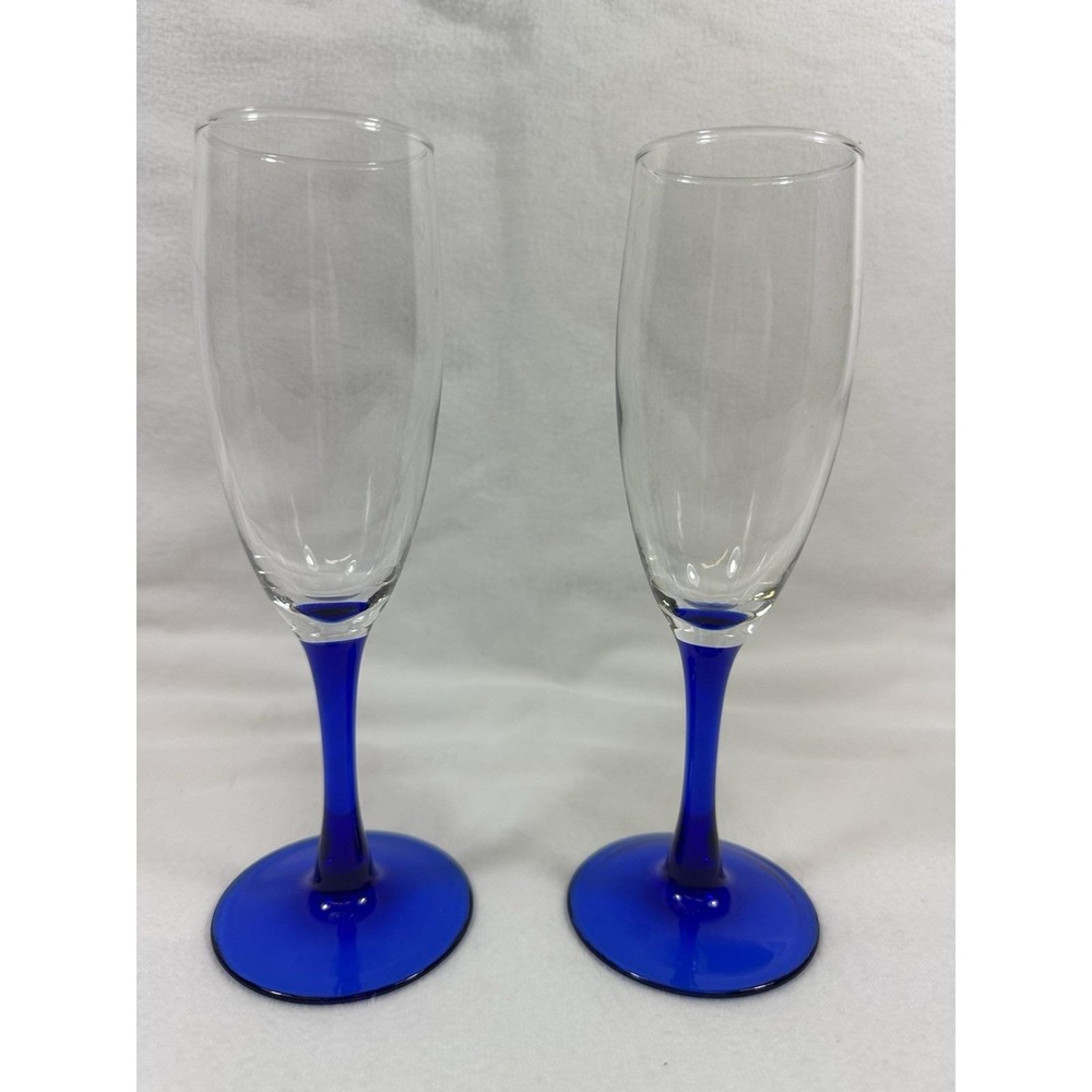 Luminarc France 7.75" Champagne Glasses Cobalt Blue Stem Set Of 2